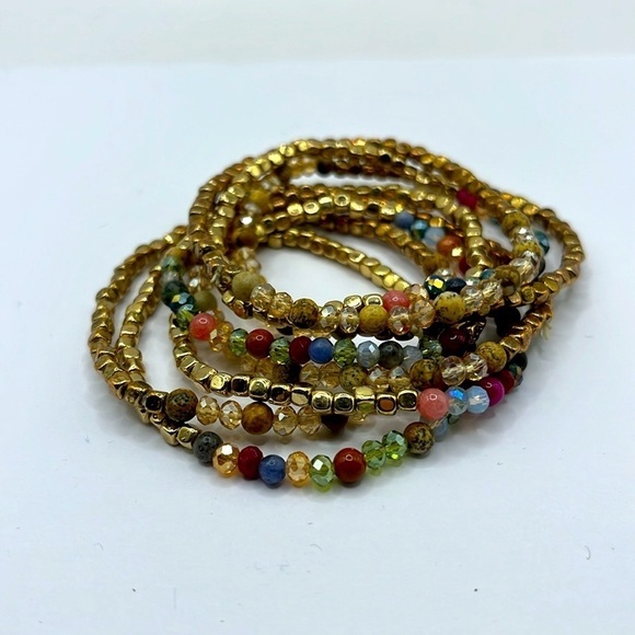 Stretch Fall Gold Jewel Tone Beaded 8 Strand Bracelet Fun Boho Trending - Picture 2 of 11